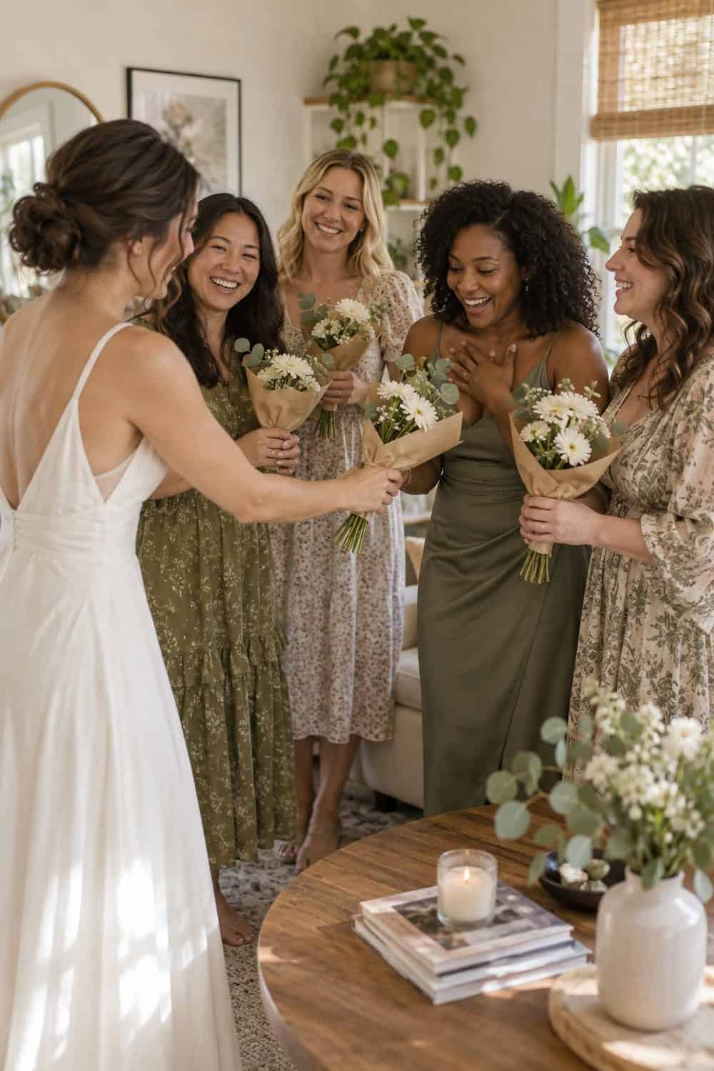 bride handing small grocery-flower bouquets to four diverse adult friends, natural smiles