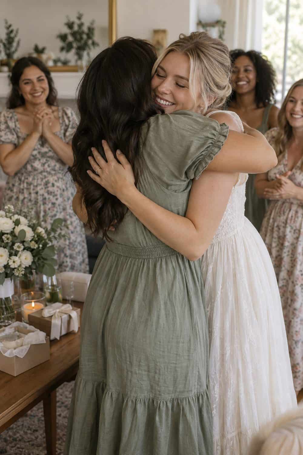 bride hugging one adult friend after proposal while other friends softly blurred in background