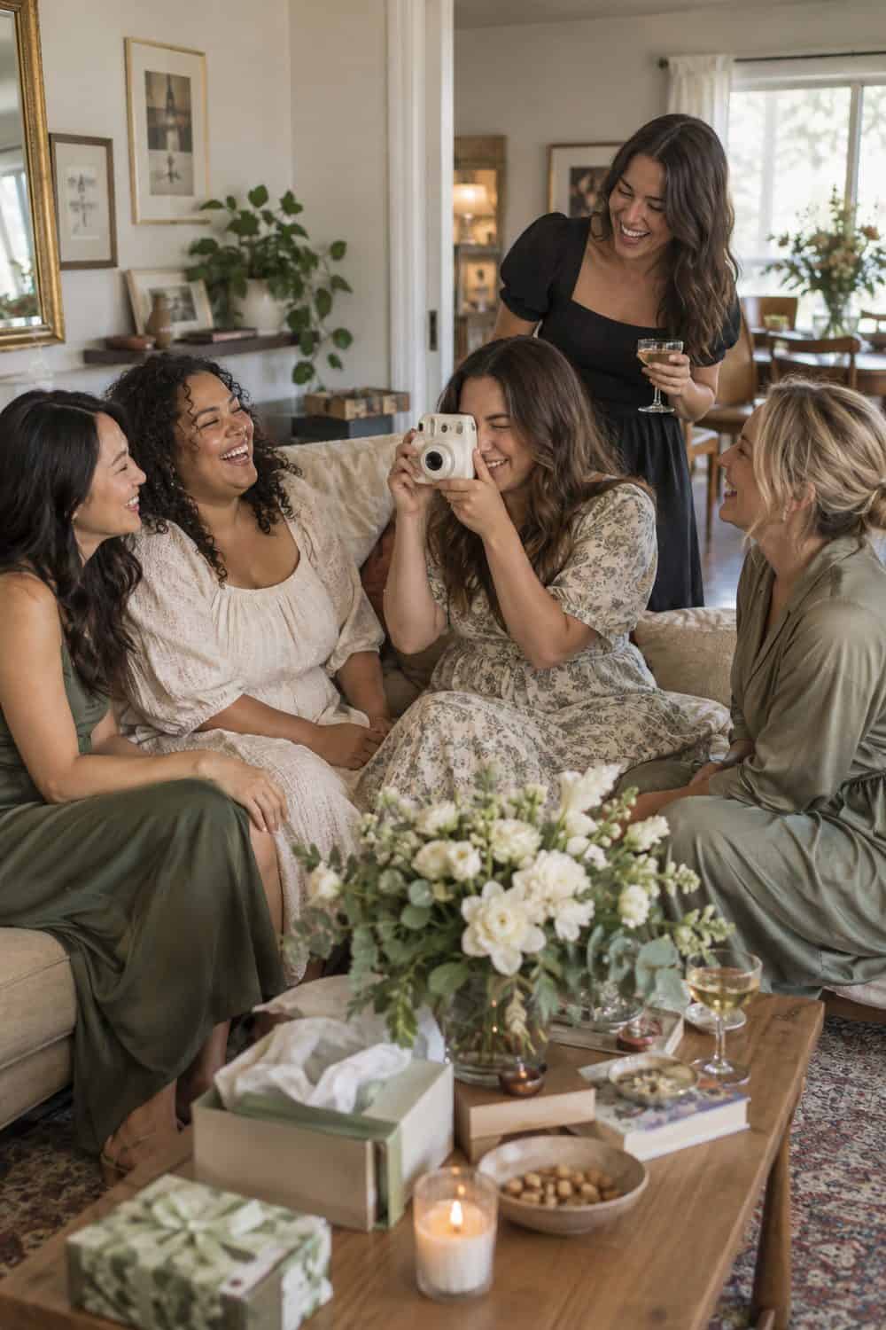bride and four diverse adult friends passing an unbranded instant camera around living room, candid laughter