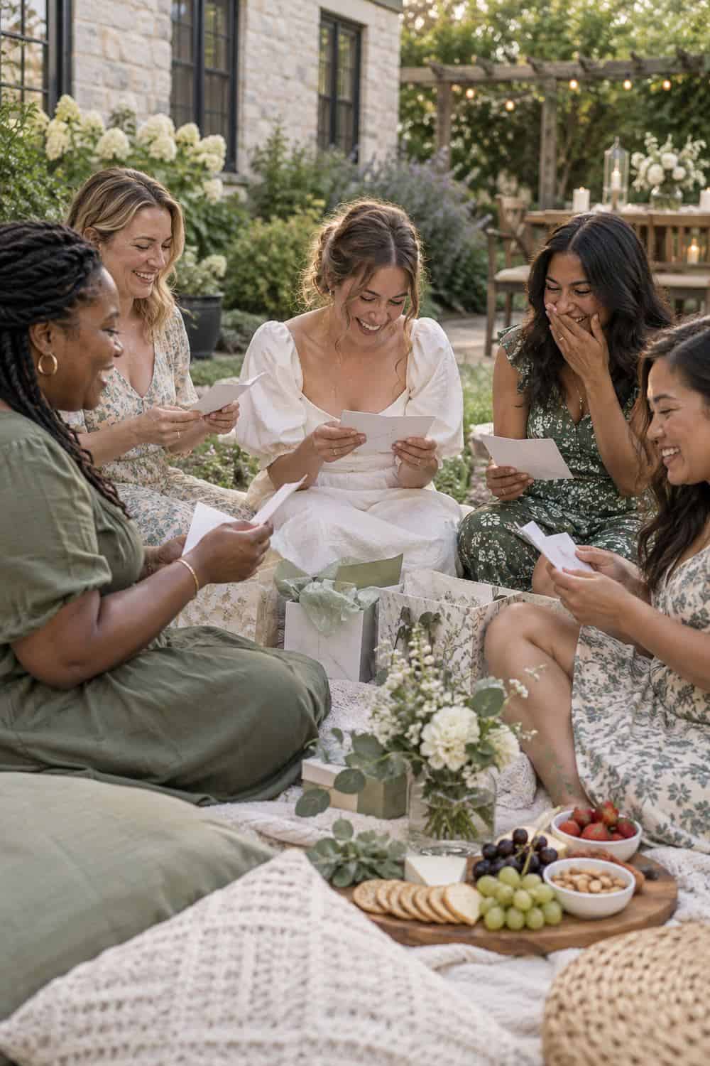 bride and four adult friends seated in loose circle on picnic blanket reading cards, simple snacks nearby