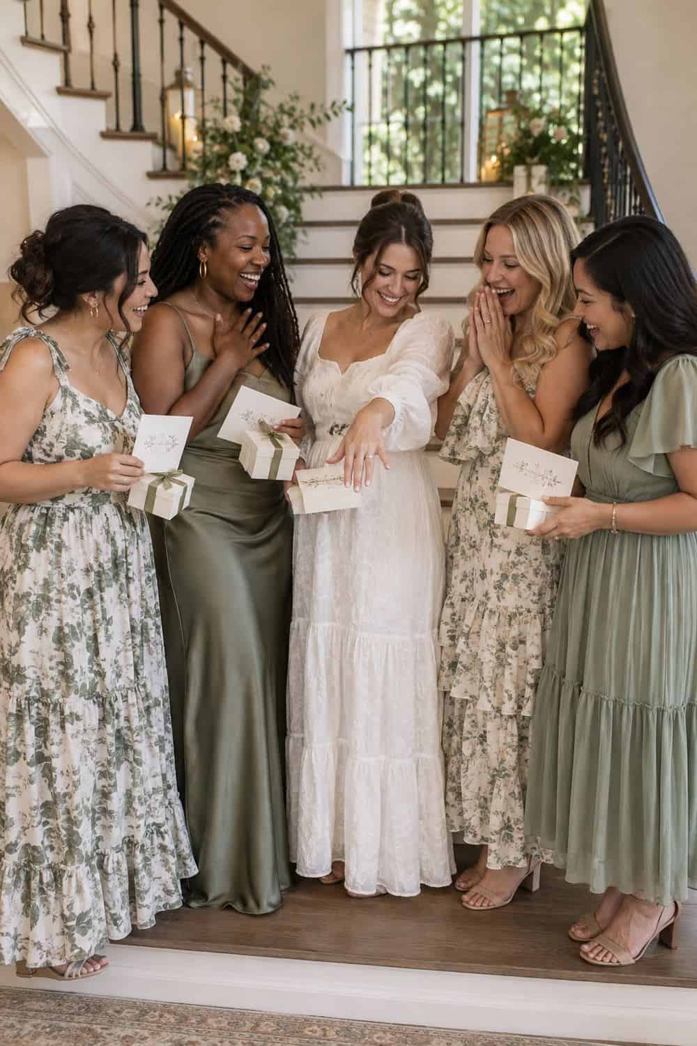 bride and four diverse adult friends gathered on broad stair landing after proposal, cards at waist level