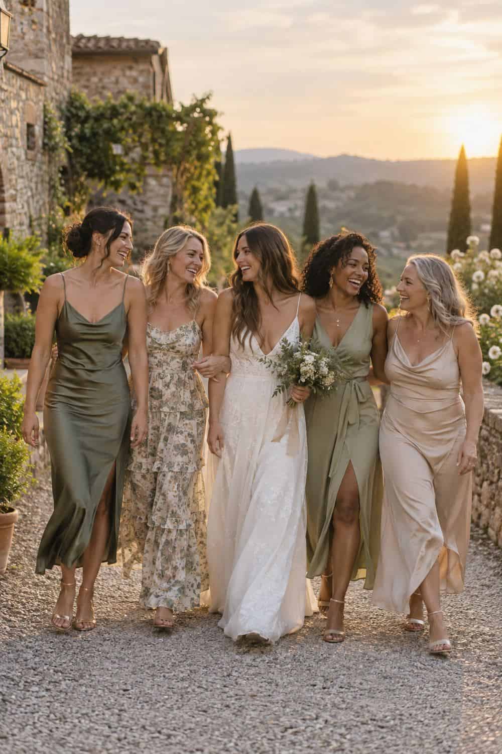 bride and four adult friends walking together at sunset with softly backlit outlines and relaxed posture