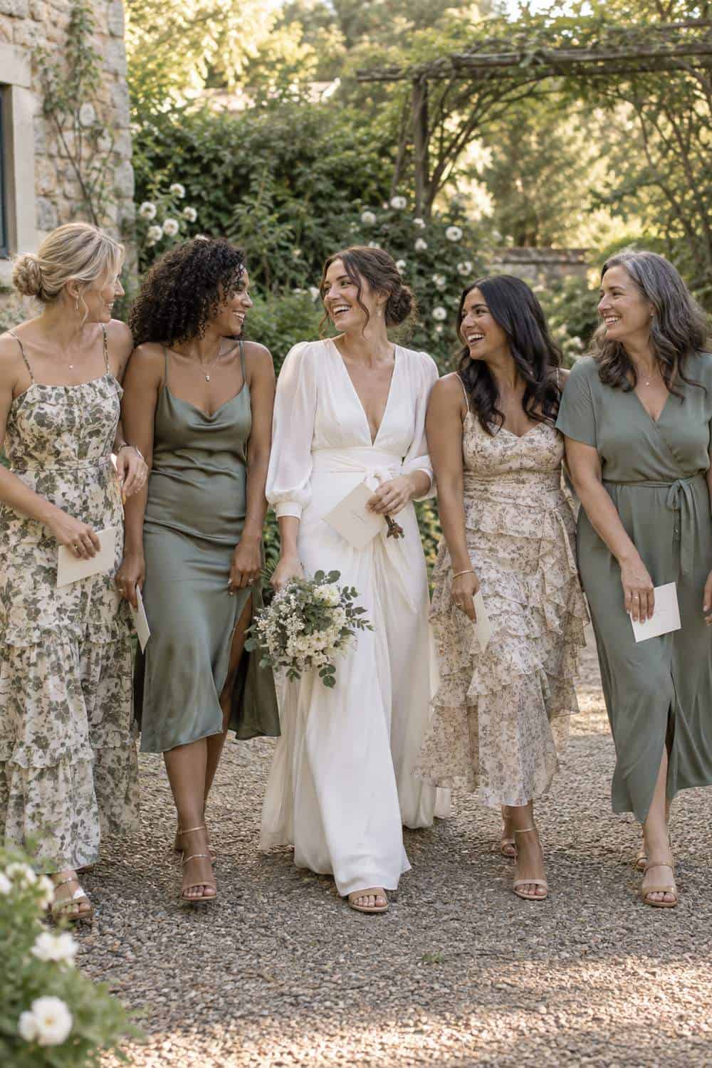 bride and four adult friends walking together on quiet garden path after proposal, cards lowered at sides