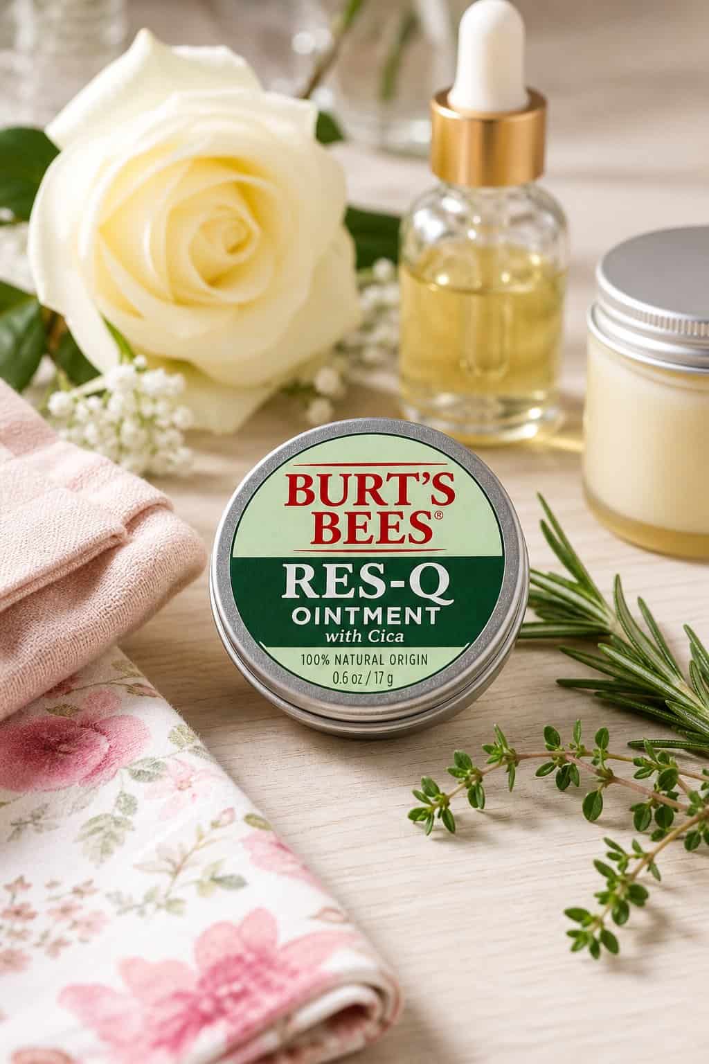 A small round metal tin of Burt's Bees Res-Q Ointment on a wooden surface next to a pink napkin, a single white rose, folded pastel cloth, and natural skincare items.