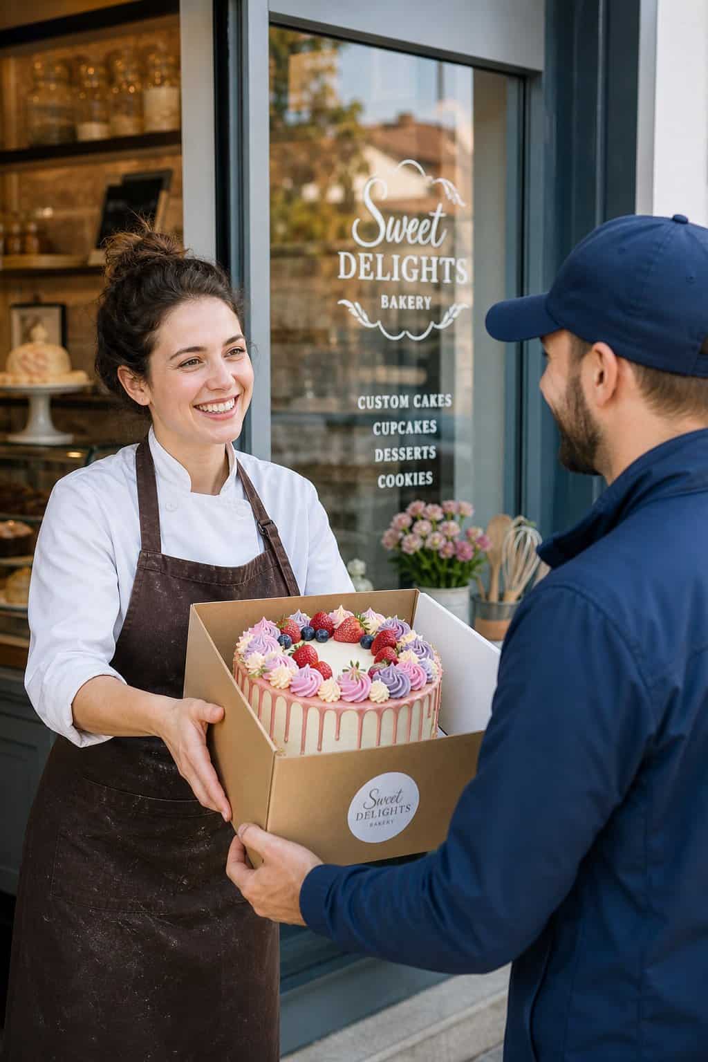 A cake designer passing a tiered decorated cake to a delivery person outside the front entrance of a bakery.
