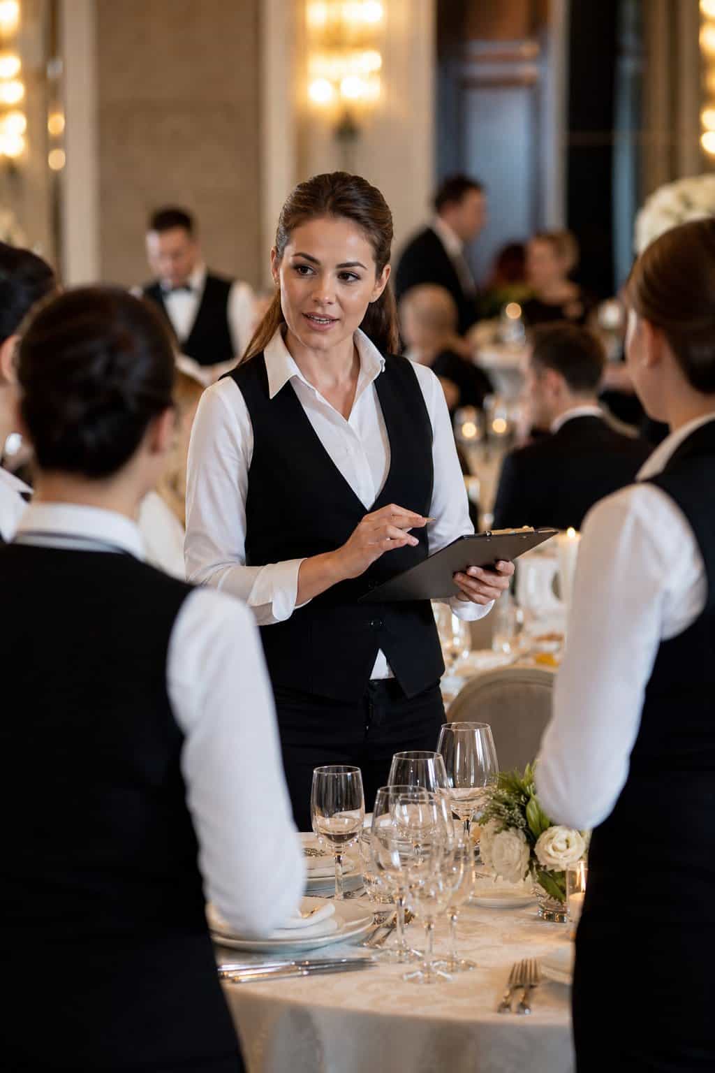 A catering manager overseeing a team of servers at an elegantly arranged event, with white-linened tables and attentive staff in the foreground.