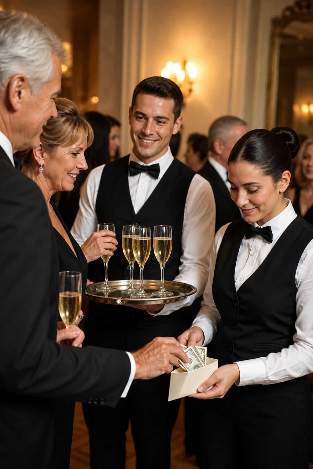 Catering servers in formal black uniforms serving guests at an elegant reception, one holding a tray of drinks and another assisting nearby.