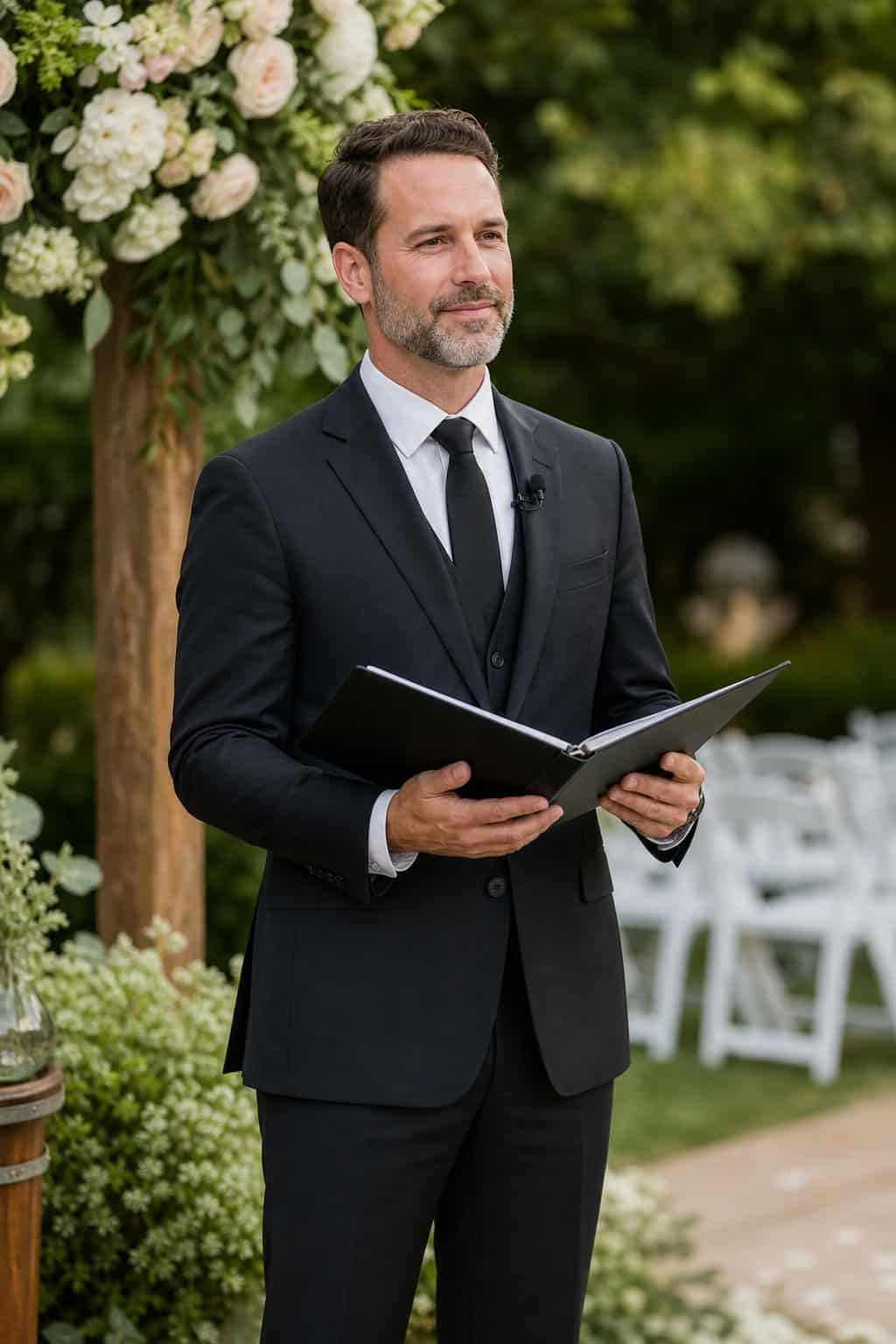 A wedding officiant standing in an outdoor garden setting, holding a small hardcover book while preparing for a ceremony.