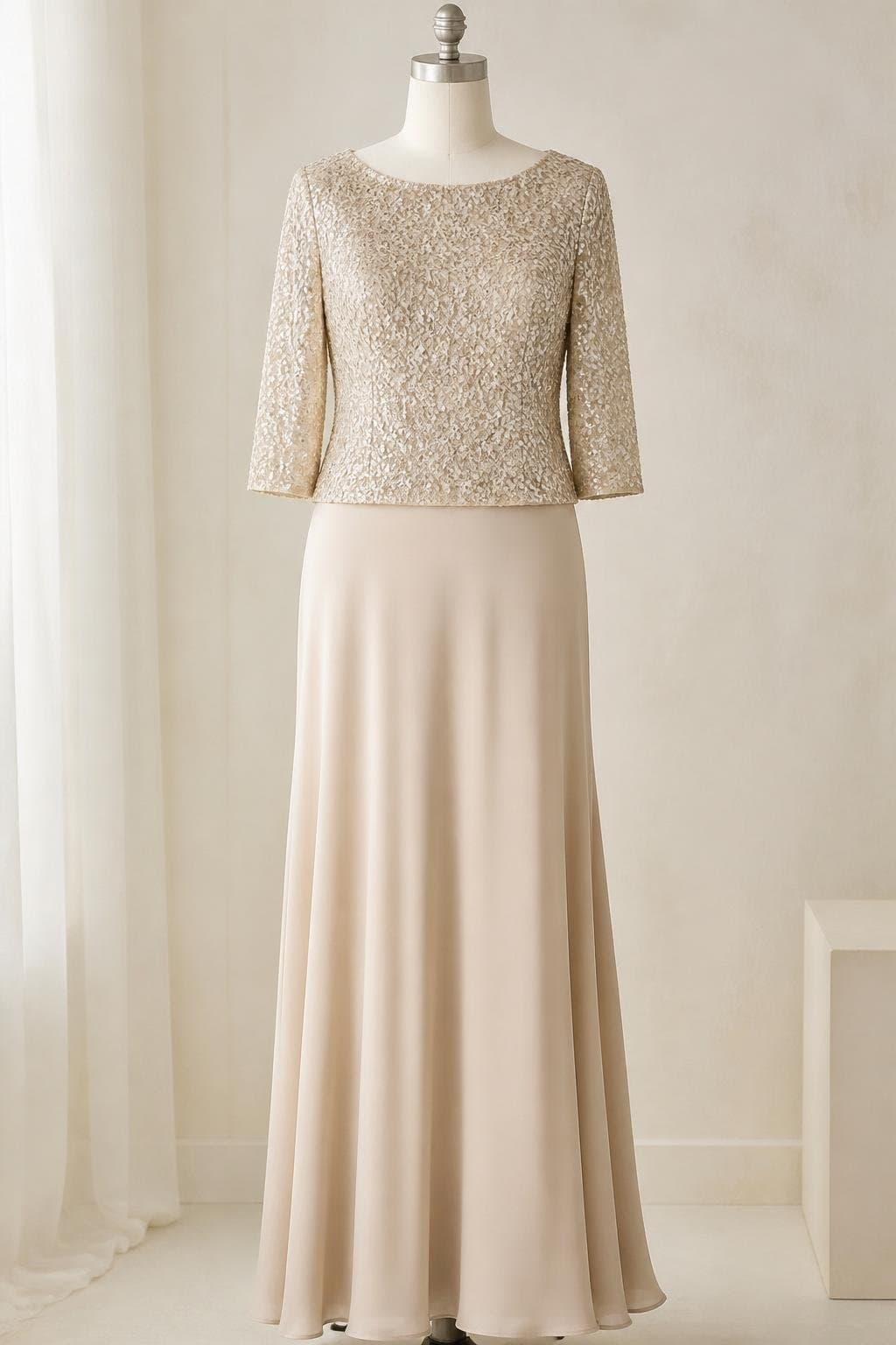 A mannequin wearing a champagne sequin top with cap sleeves paired with a flowing matte crepe A-line skirt, photographed against a neutral background
