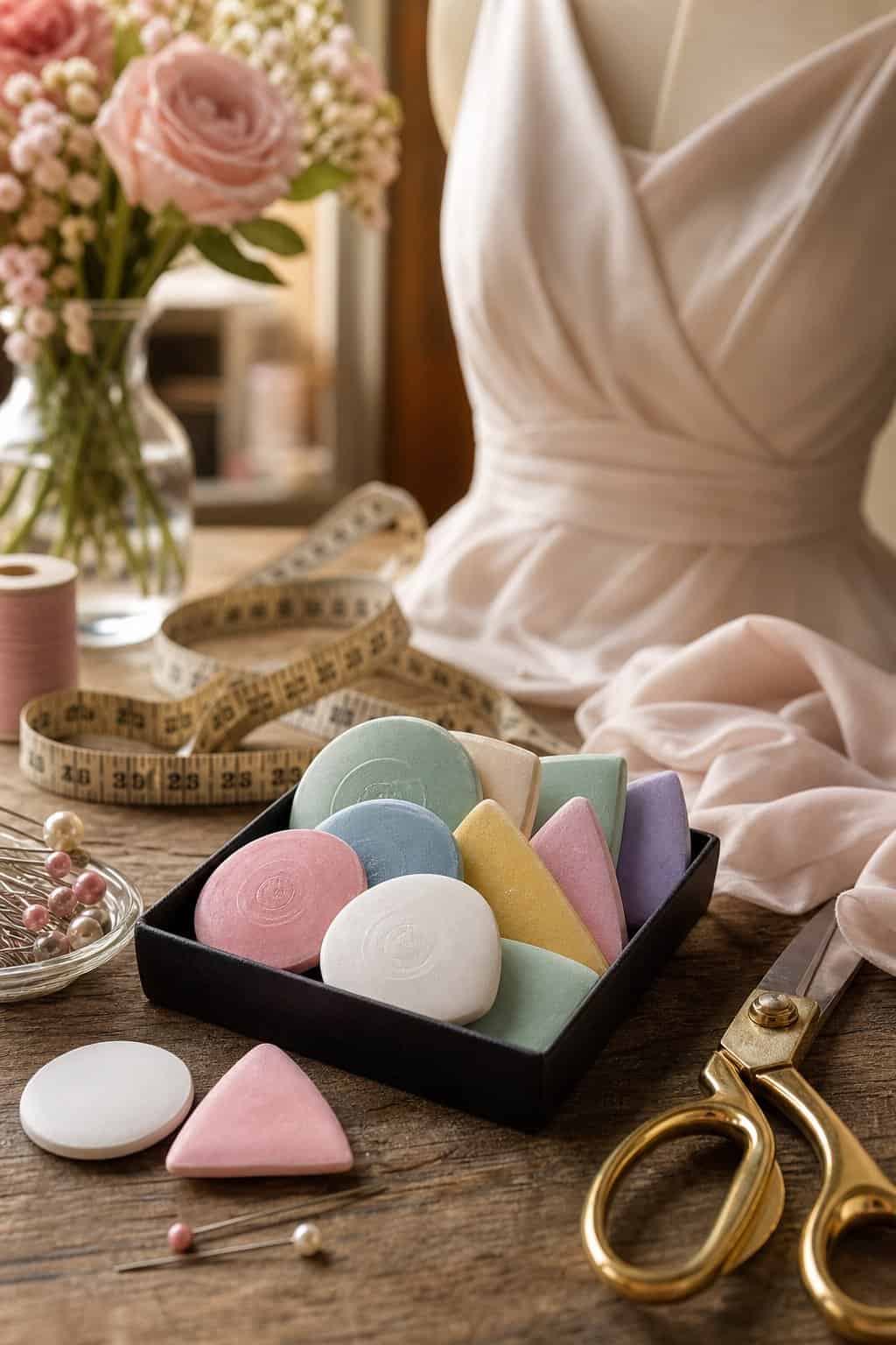 A tailor's chalk set showing triangular chalk pieces in white, blue, and yellow arranged beside a partially pinned wedding dress on a wooden worktable.
