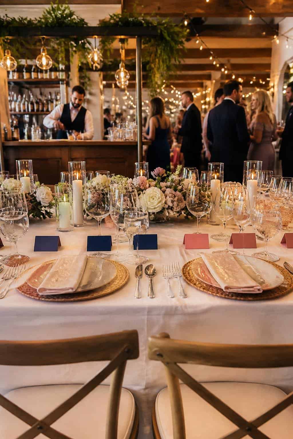 A wedding reception table with color-coded place cards in cream, blush, and sage set at each seat, with guests nearby and a draped bar visible in the background.