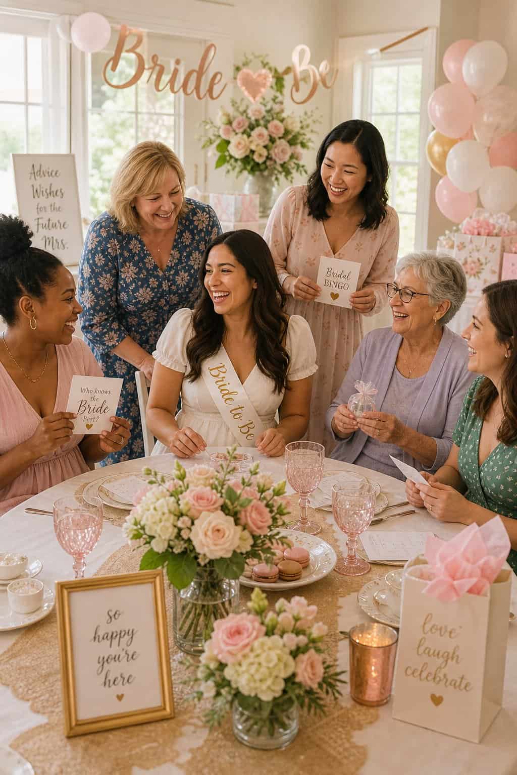 Women seated in clusters around a warmly decorated bridal shower space, soft florals and candles on the tables, relaxed conversation visible across multiple age groups.