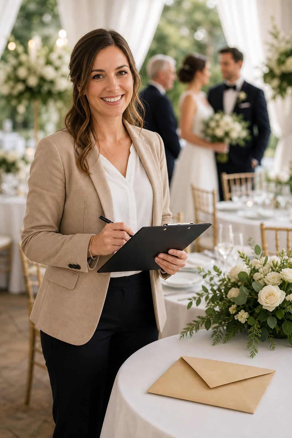 A wedding day-of coordinator reviewing her clipboard at a decorated venue with white floral arrangements and linen-covered reception tables.