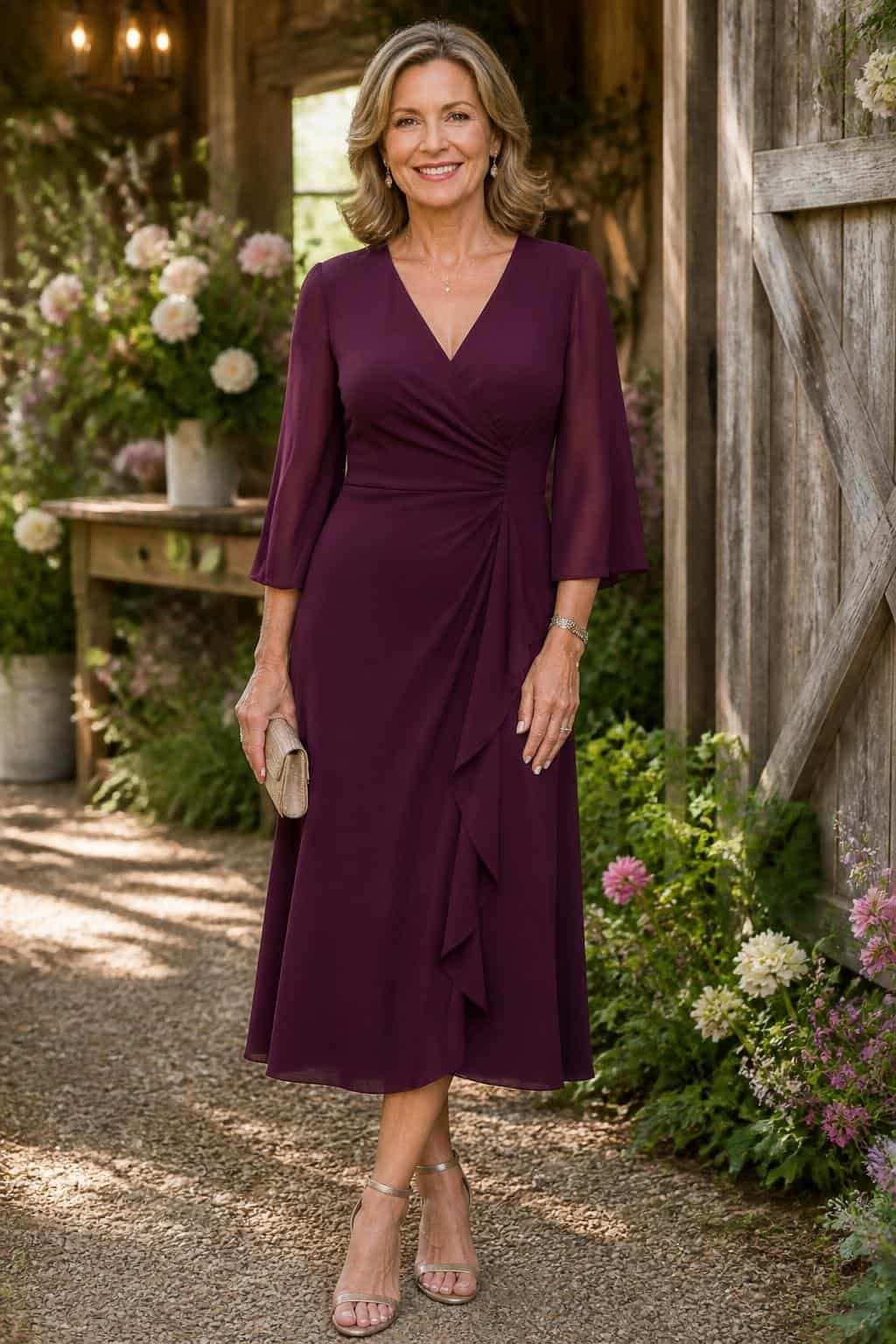 A woman in a deep plum midi wrap dress with short wrap sleeves and a V-neck, standing among green leaves and the natural texture of barn wood