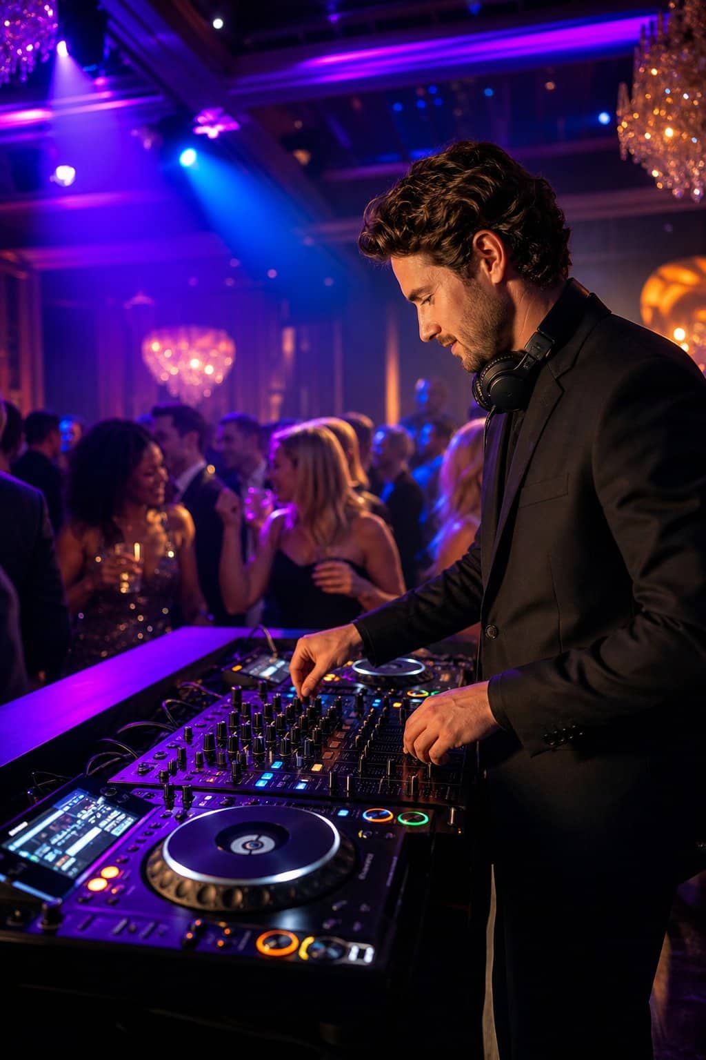 A DJ working a mixer and turntable setup at a lively reception with colorful uplighting and a full dance floor in the background.