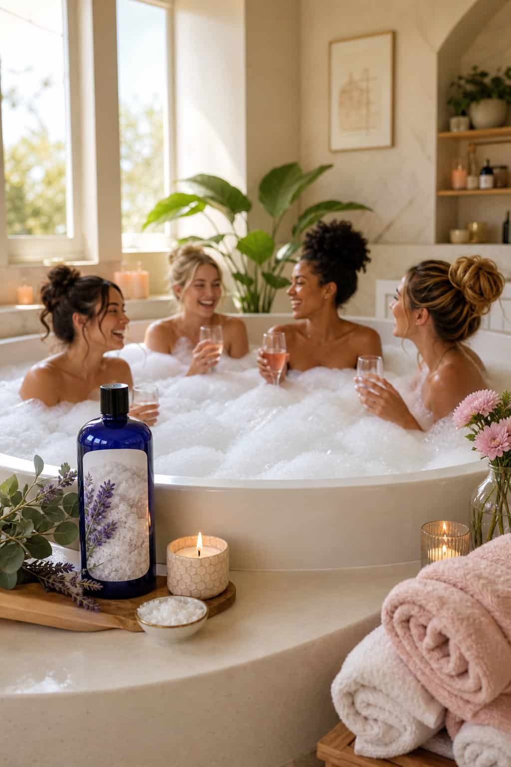 A deep bathtub filled with thick white foam bubbles with a large bottle of bath soak balanced on the edge, surrounded by folded towels and small lit candles in a warm bathroom.