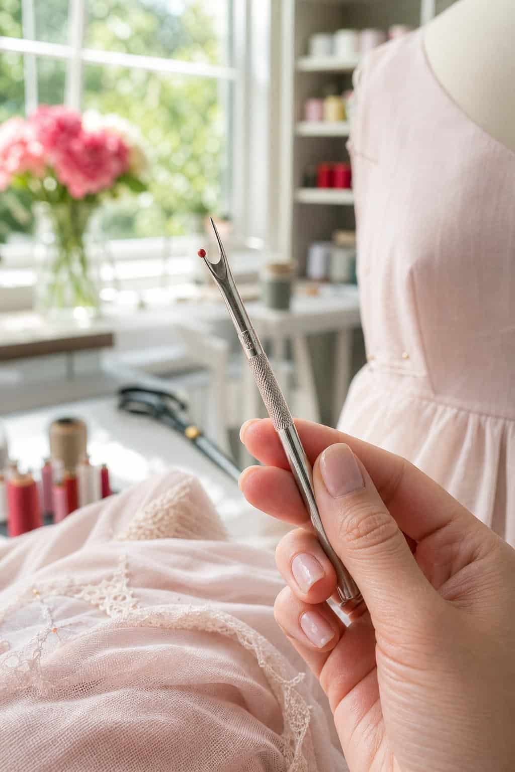 A hand holding a slender stainless steel seam ripper poised over a section of white fabric, with a sewing basket and pincushion visible softly out of focus in the background.