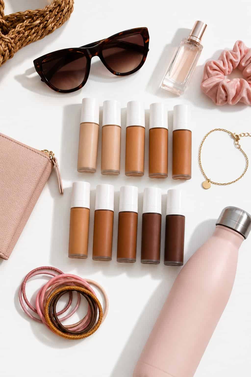 Flat lay of mini Pro Filt'r foundation bottles in several deep and light shades arranged on a white surface surrounded by small bachelorette weekend essentials.