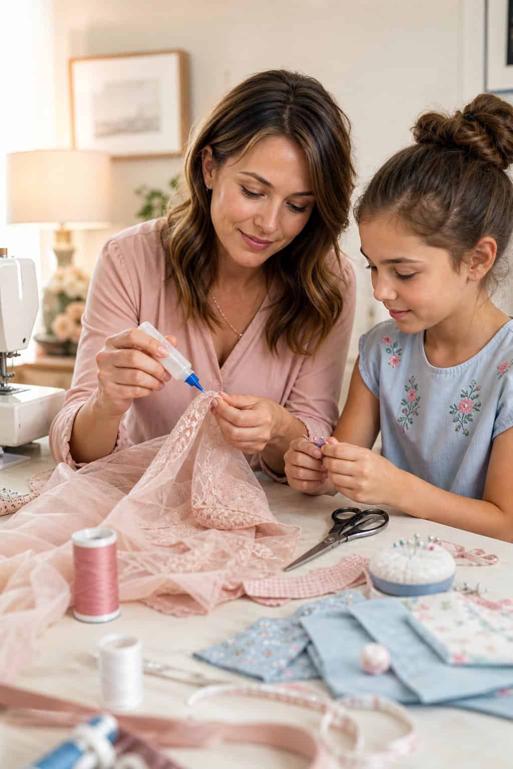 A mother and daughter seated together at a sewing table, one applying a small bottle of clear fabric sealant to a cut edge of white dress fabric while the other holds the fabric taut, sewing supplies arranged between them.