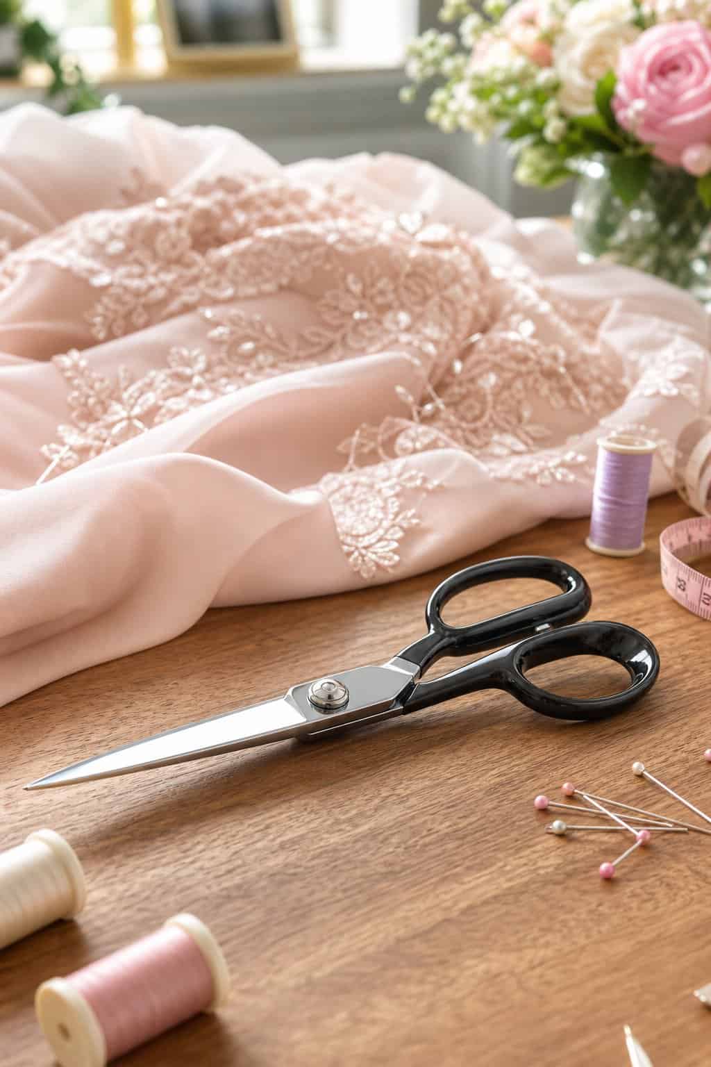 A pair of long-handled dressmaker's shears with black grip handles resting on a wooden worktable beside folded ivory fabric and a measuring tape.