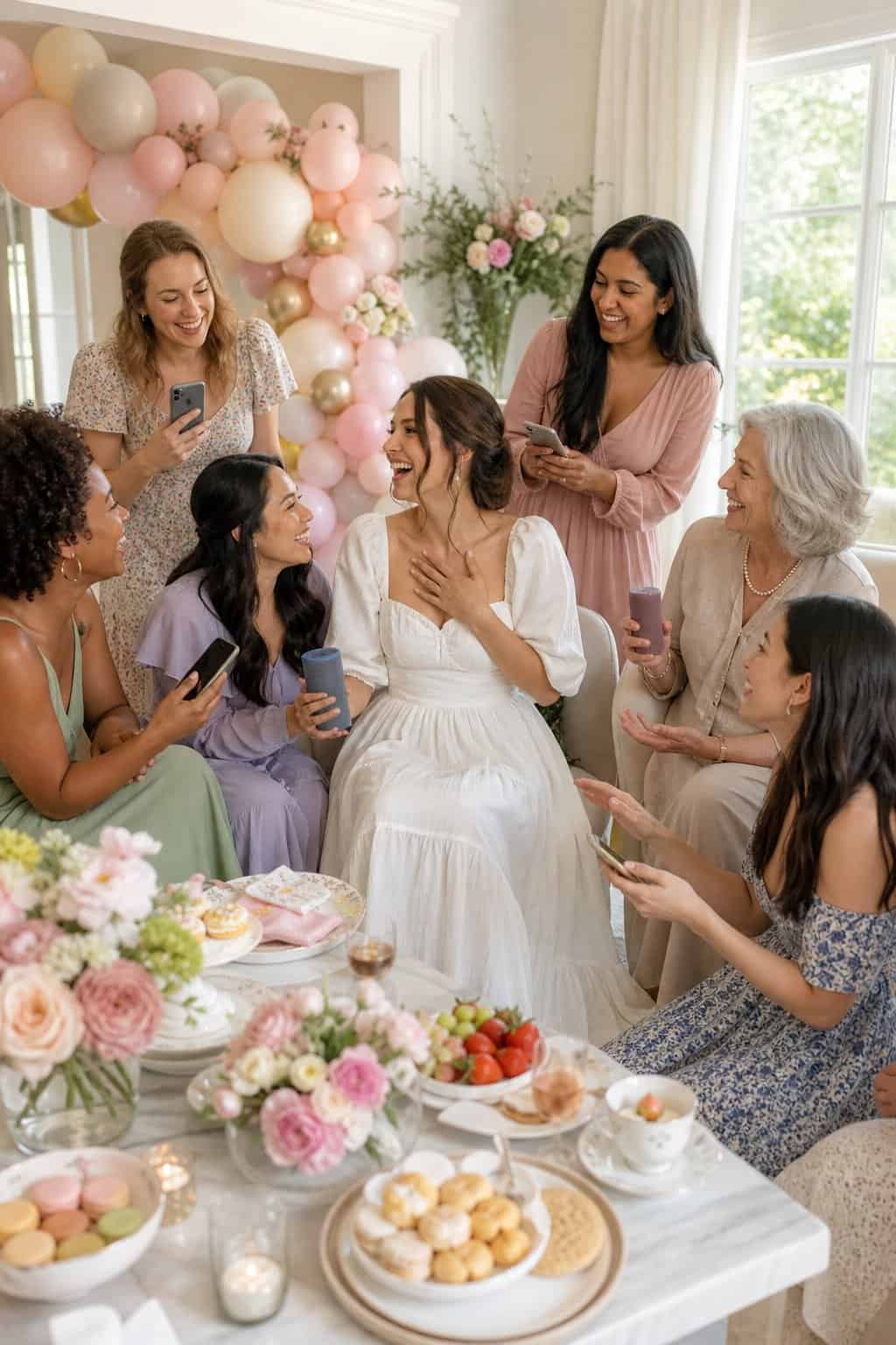 Women at a bridal shower leaning in and laughing as someone plays a short audio clip from a laptop, with printed answer sheets and pens on the floral-decorated table.
