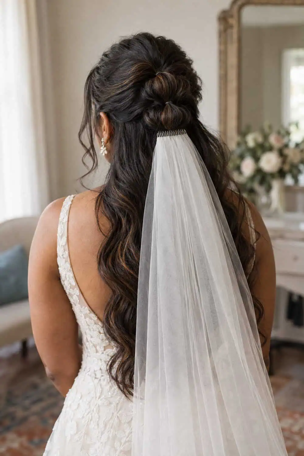 Half-Up Bubble Detail with Veil wedding inspiration