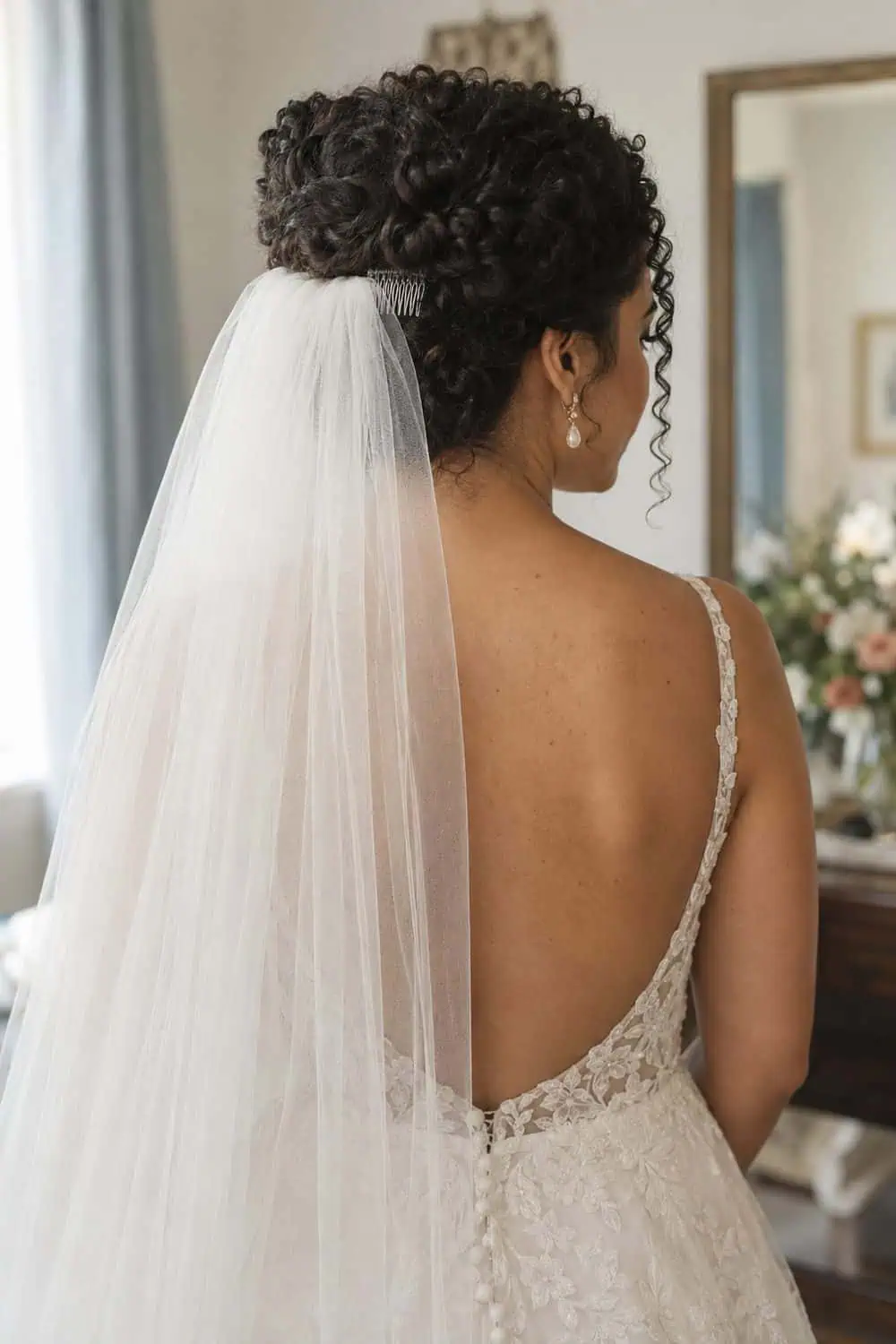 Half-Up Coily Crown Roll with Veil wedding inspiration