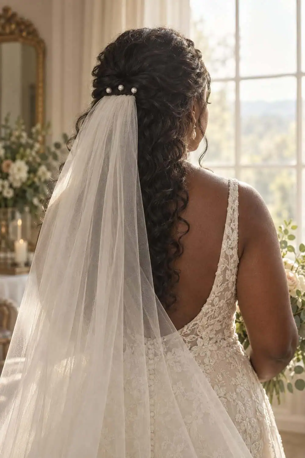 Pearl-Pinned Half-Up Hair wedding inspiration