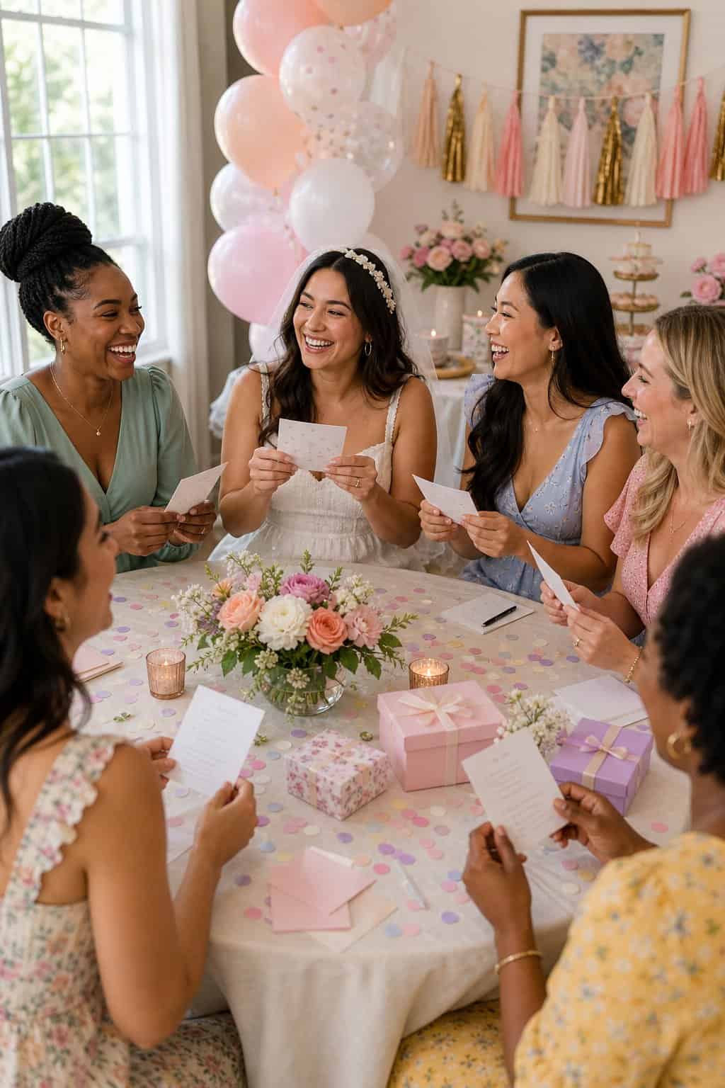 Women at a bridal shower holding up colored paddles and laughing during a couples-themed guessing game, with floral arrangements and favor bags visible on the table.
