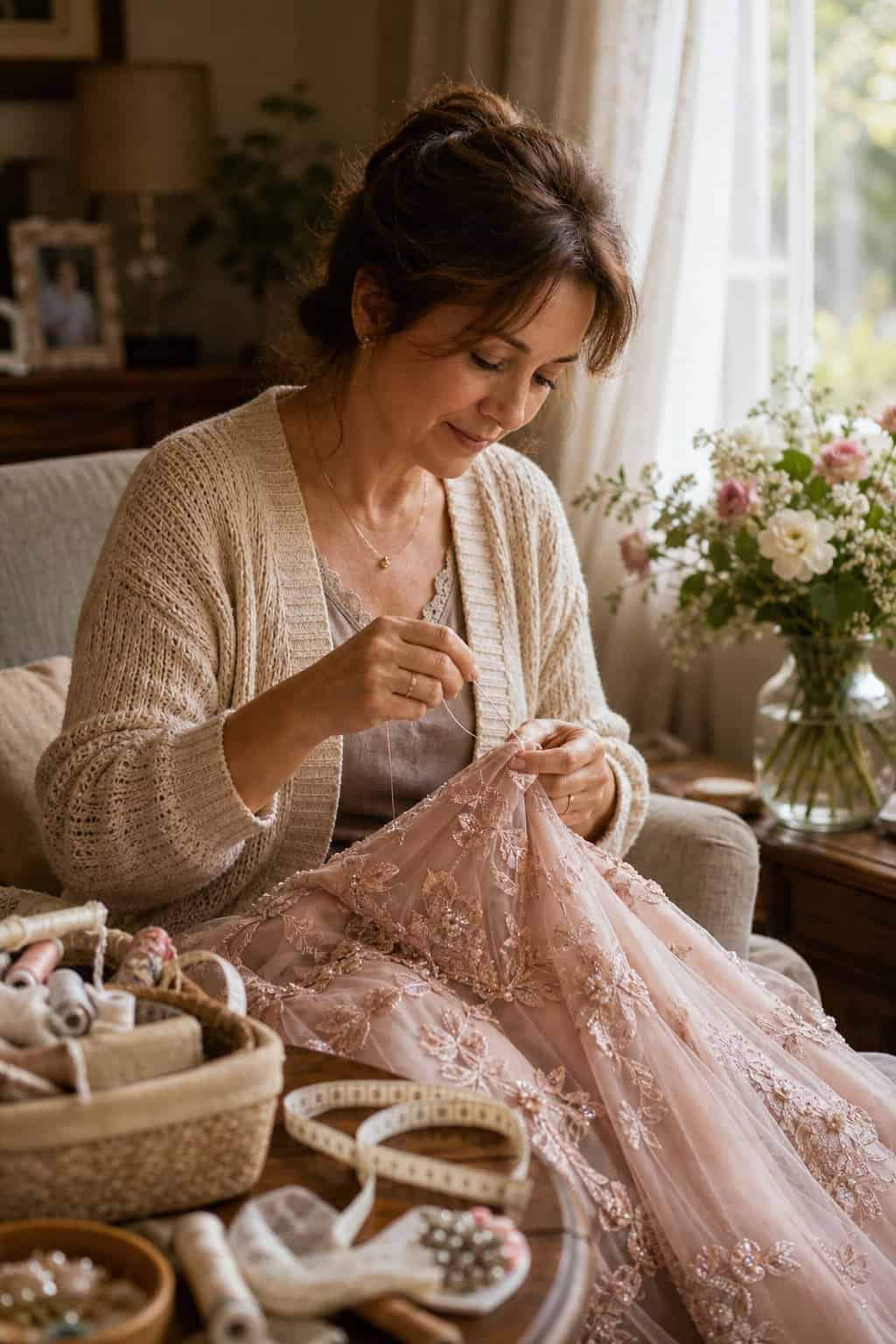 A woman seated alone in a warmly lit room, hand-stitching the hem of a white dress draped across her lap, a small wooden sewing box open on the cushion beside her.