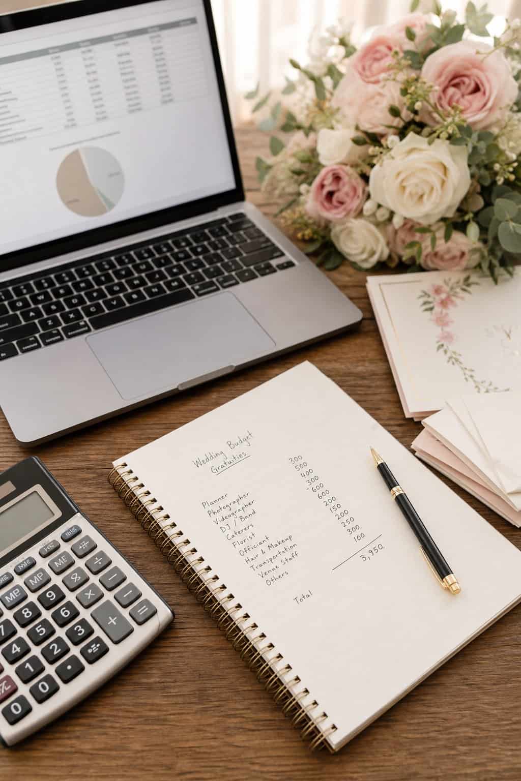 A wooden desk with an open laptop, a printed spreadsheet, a handheld calculator, and a notepad with handwritten budget figures.