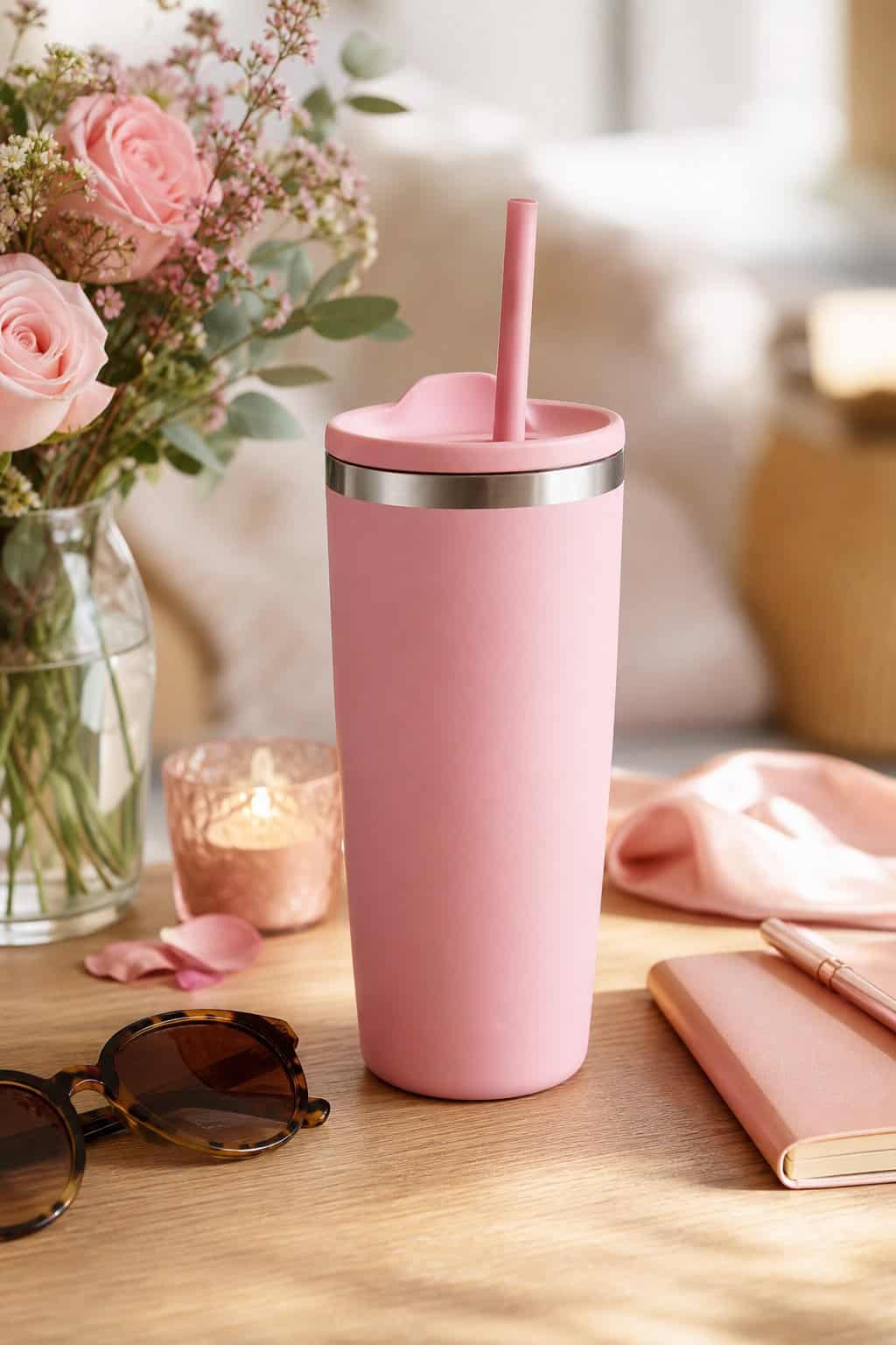 A matte powder-coated insulated tumbler with a press-in straw lid on a wooden table surrounded by small dried flowers, a candle, sunglasses, and a notebook.