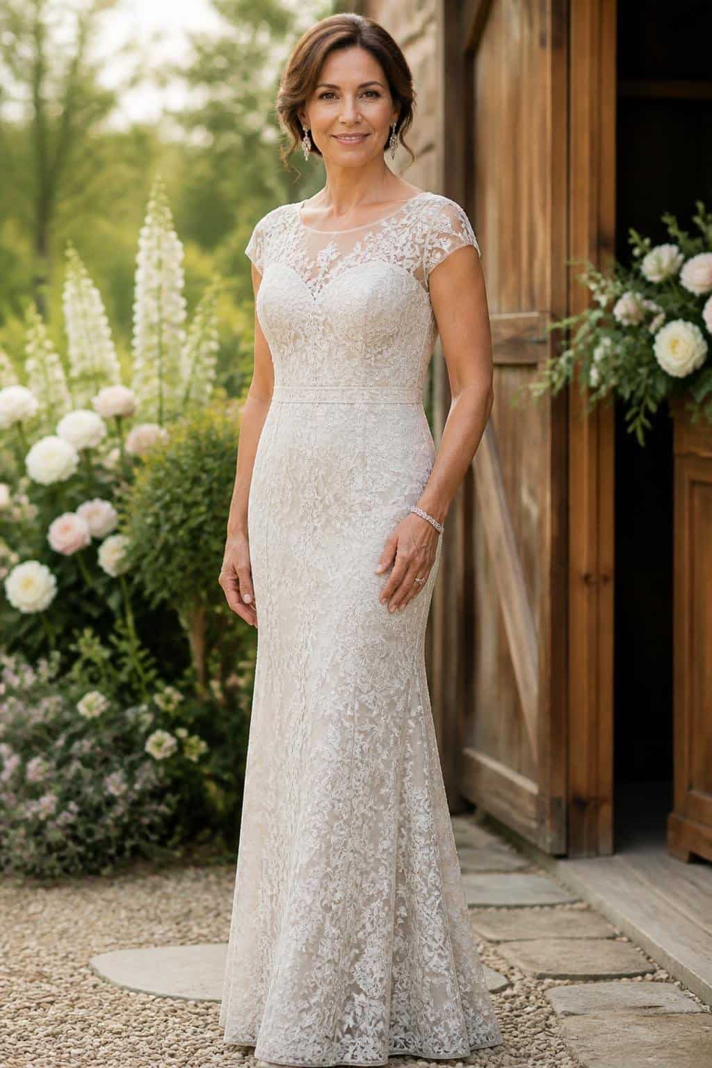 A woman in an ivory A-line lace dress with cap sleeves and subtle beading throughout, standing outdoors with a garden and barn structure visible behind her