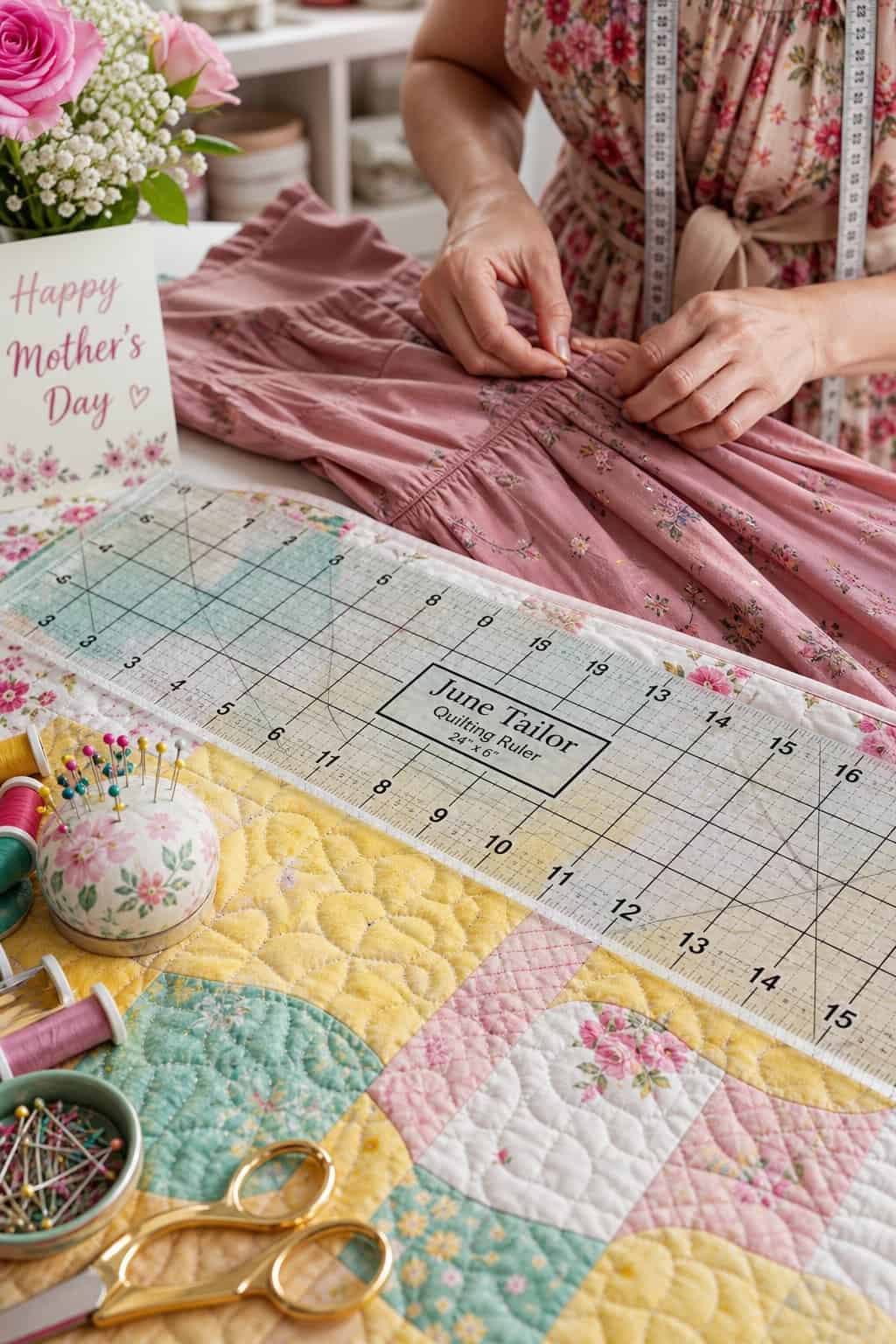 A transparent acrylic quilting ruler with bright yellow and green grid markings laid across colorful patterned fabric, with a pair of scissors and a rotary cutter visible at the edge of the frame.
