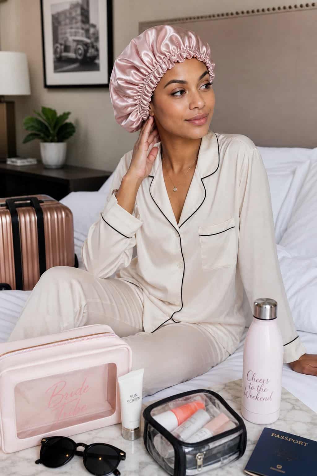 A young woman wearing a satin sleep cap with a tie closure sits in a cozy bedroom with travel items and bachelorette weekend essentials nearby.