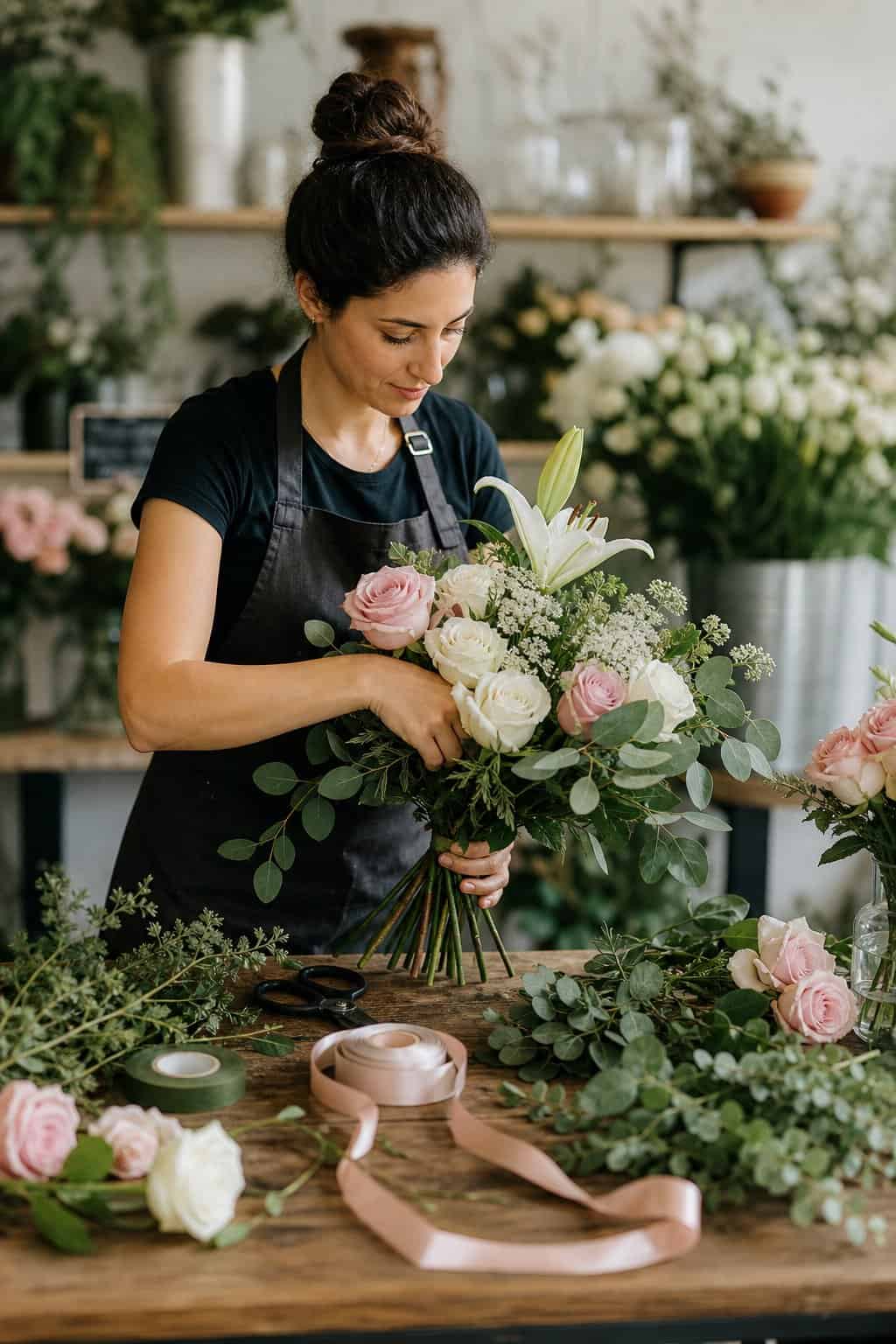 A florist at a wooden worktable arranging a large bridal bouquet, surrounded by fresh blooms and floral scissors inside a flower shop.