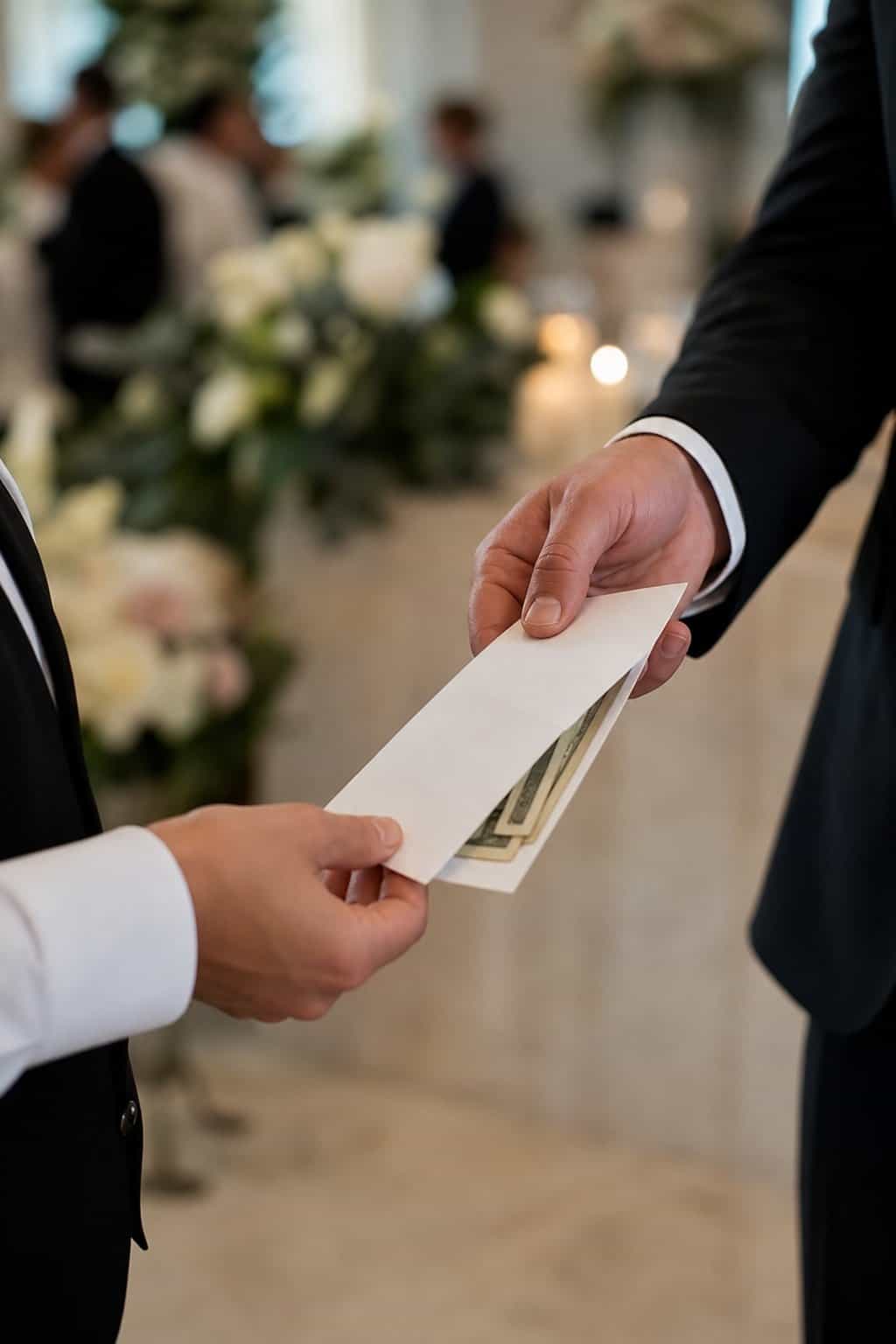 Two hands exchanging a white cash envelope at a formal event, with a softly blurred elegant venue in the background.