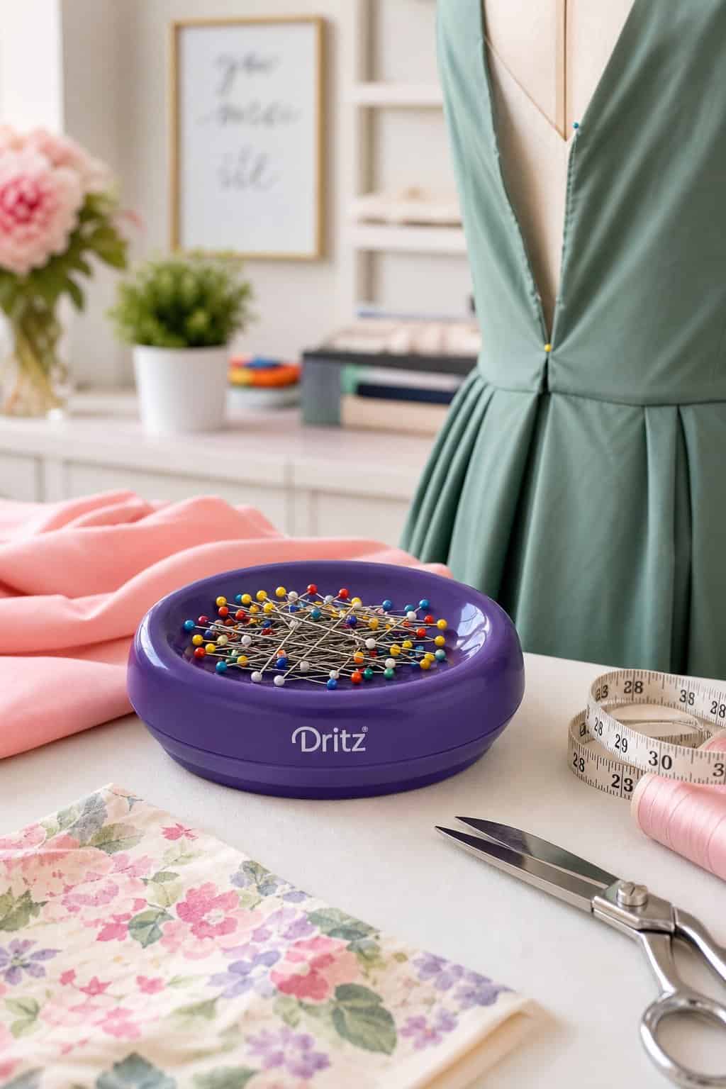 A round stainless steel magnetic pin bowl filled with colorful glass-head pins resting on a sewing table beside folded white fabric, a pair of scissors, and a yellow measuring tape.