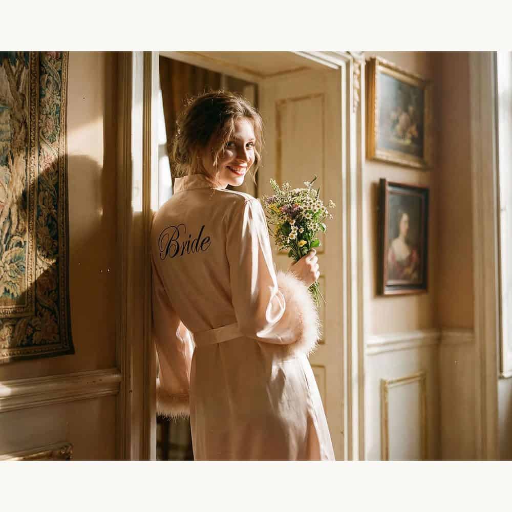 Feather-Trimmed Satin Maid of Honor Robe