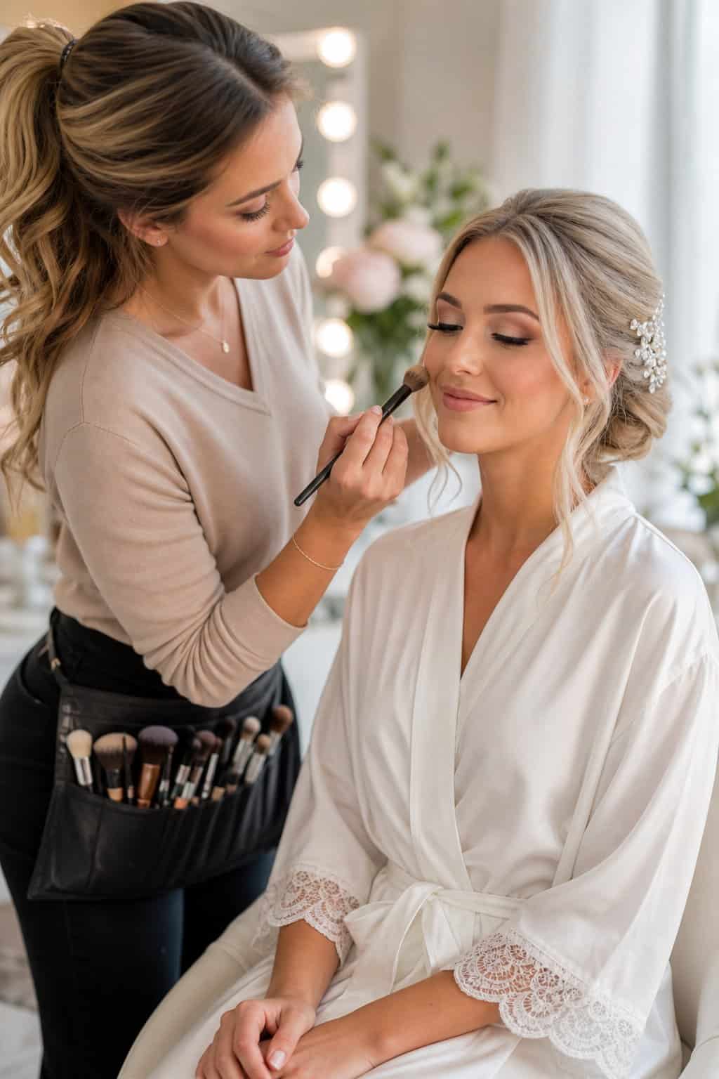 A makeup artist applying foundation to a bride seated at a vanity in a bright bridal preparation room.