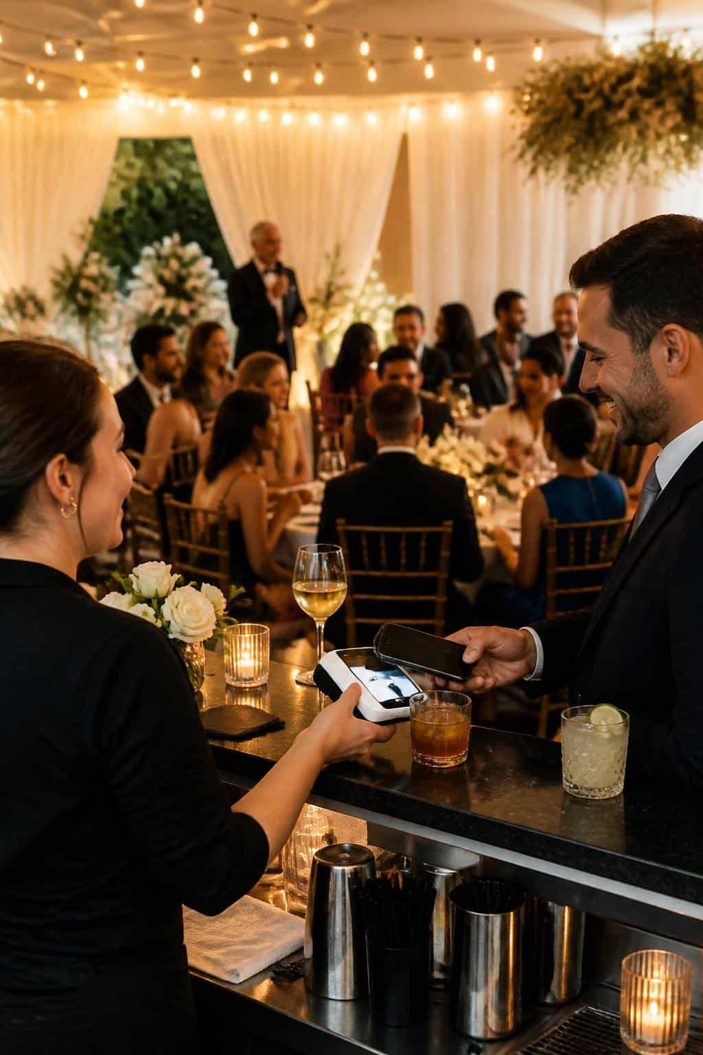 Guests seated at round reception tables listening to a toast while a bar station with a card reader operates in the background near a floral backdrop.