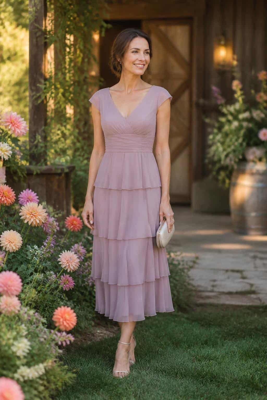 A woman in a mauve tiered chiffon midi dress with flowing layers and short sleeves, standing in front of garden blooms and a wooden fence
