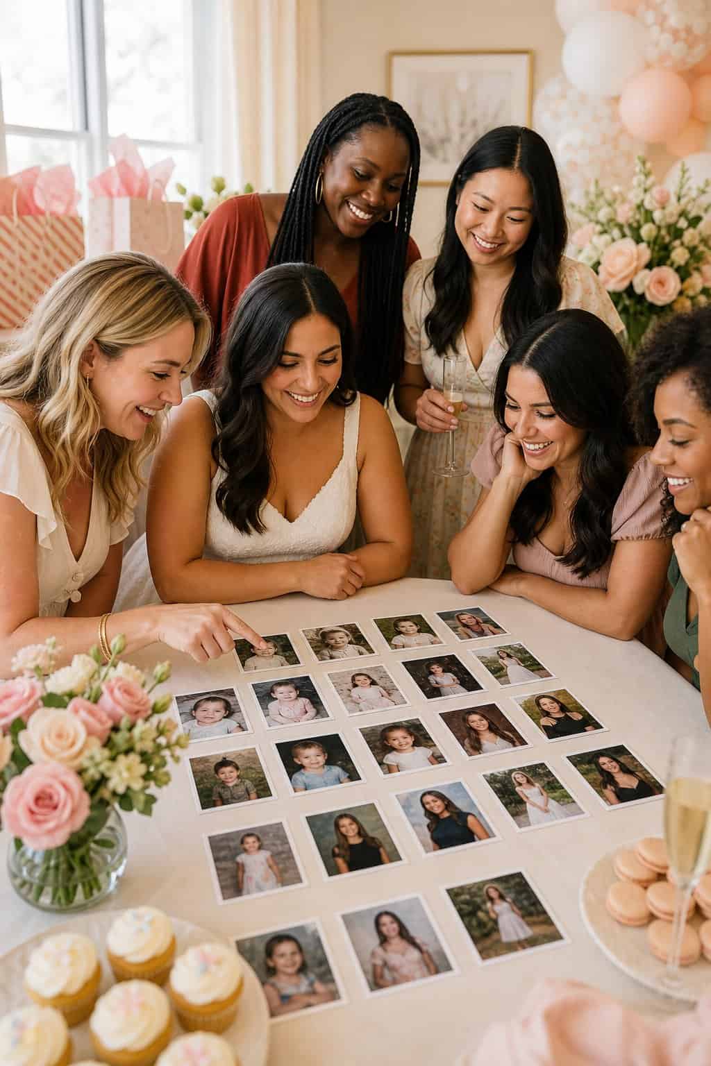Women gathered around a table turning over small printed photo cards face-down during a memory match game at a bridal shower, with laughter visible and soft floral decor in the background.