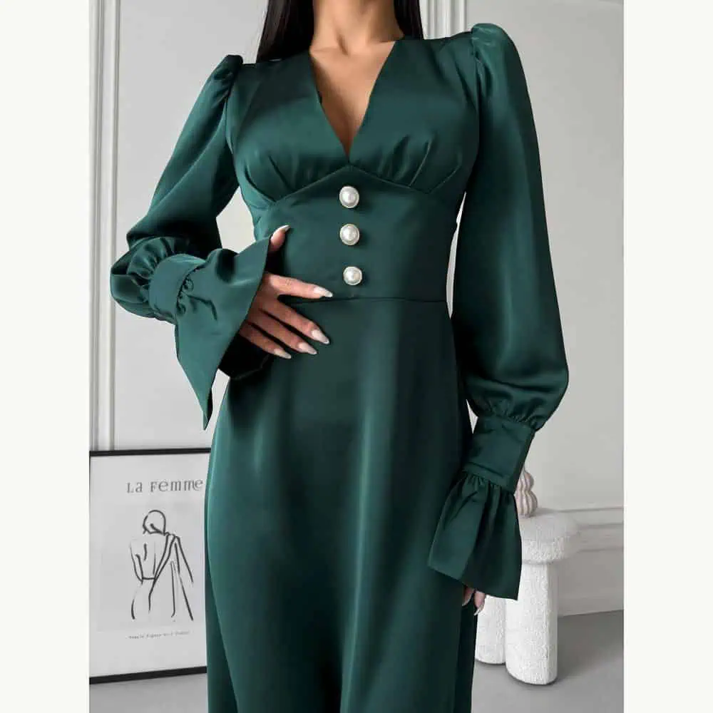 Emerald Satin Gown with Pearl Buttons