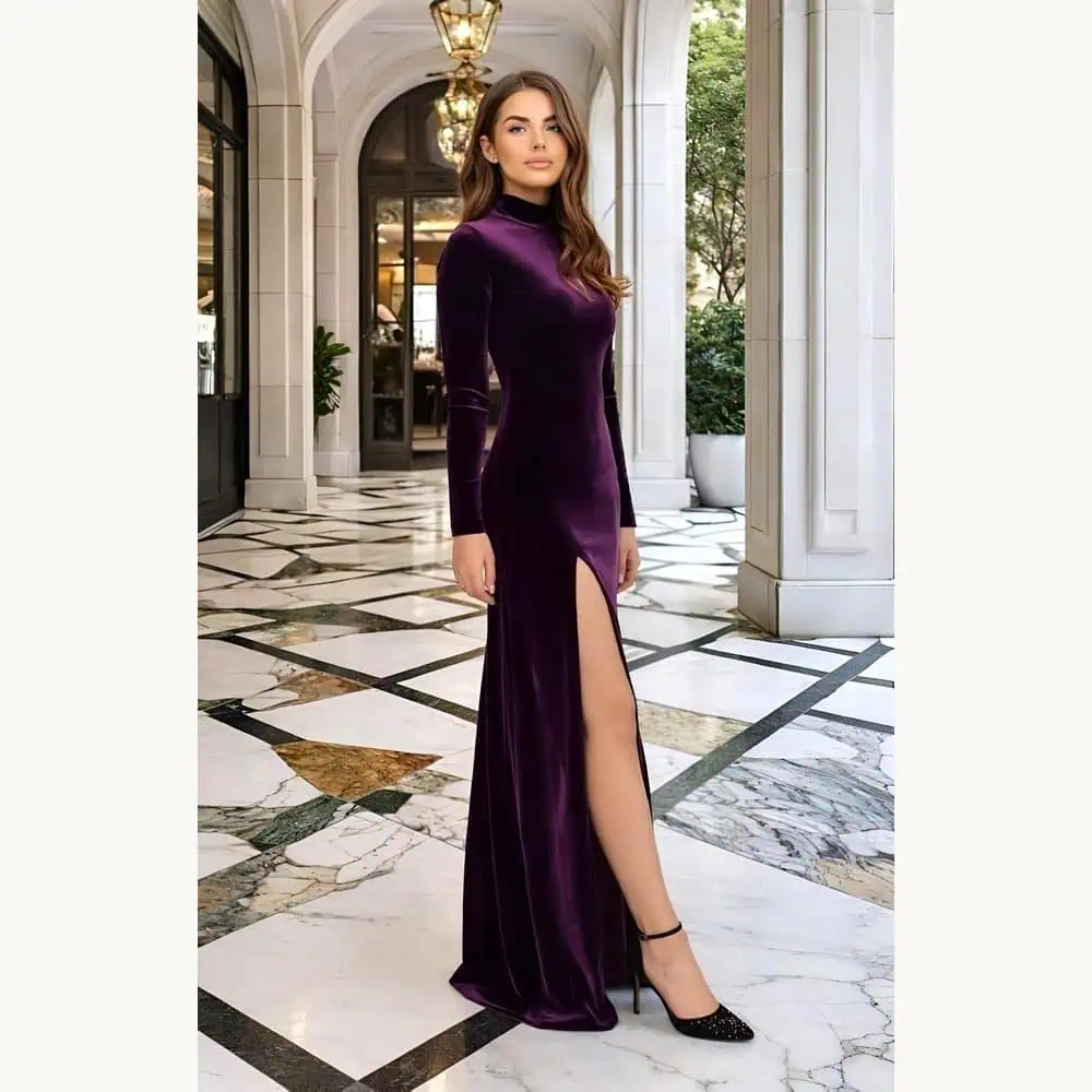 Plum High-Neck Velvet Maxi