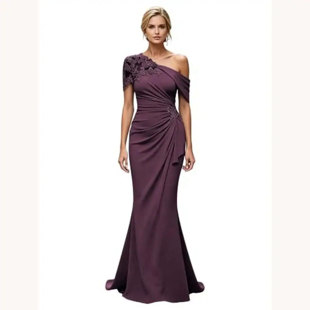 Plum One-Shoulder Lace Gown