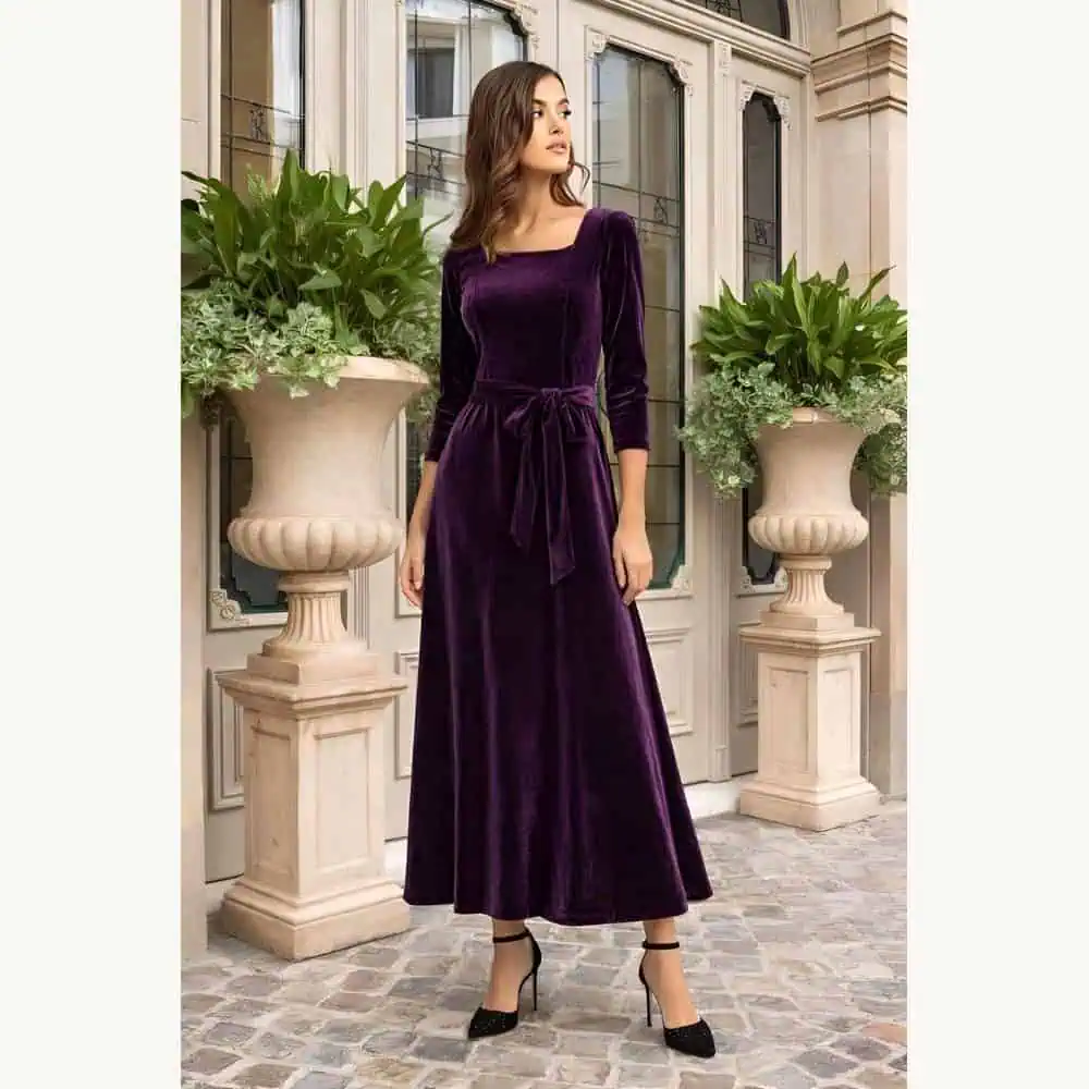 Plum Square-Neck Velvet Midi