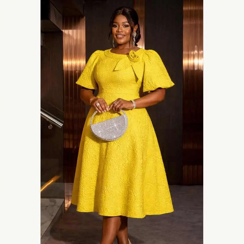 Yellow Jacquard A-Line Midi