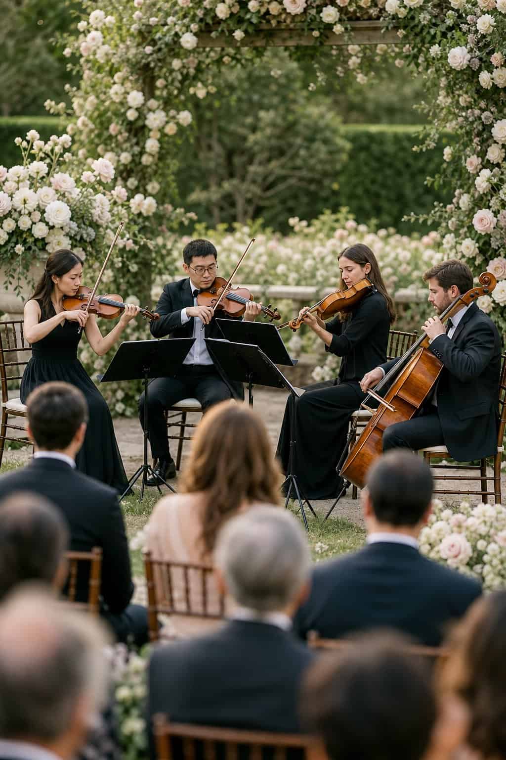 Four string musicians performing at an outdoor wedding ceremony on a garden lawn, with seated guests visible in the background.