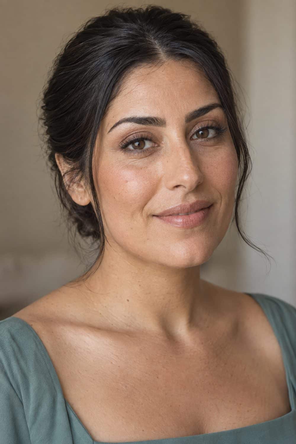 adult bridesmaid, Middle Eastern woman aged about 34 with olive skin, single sheer brown cream shadow, curled lashes, visible skin texture and nearly bare conditioned lips, hair kept simply away from the face, unretouched real skin texture